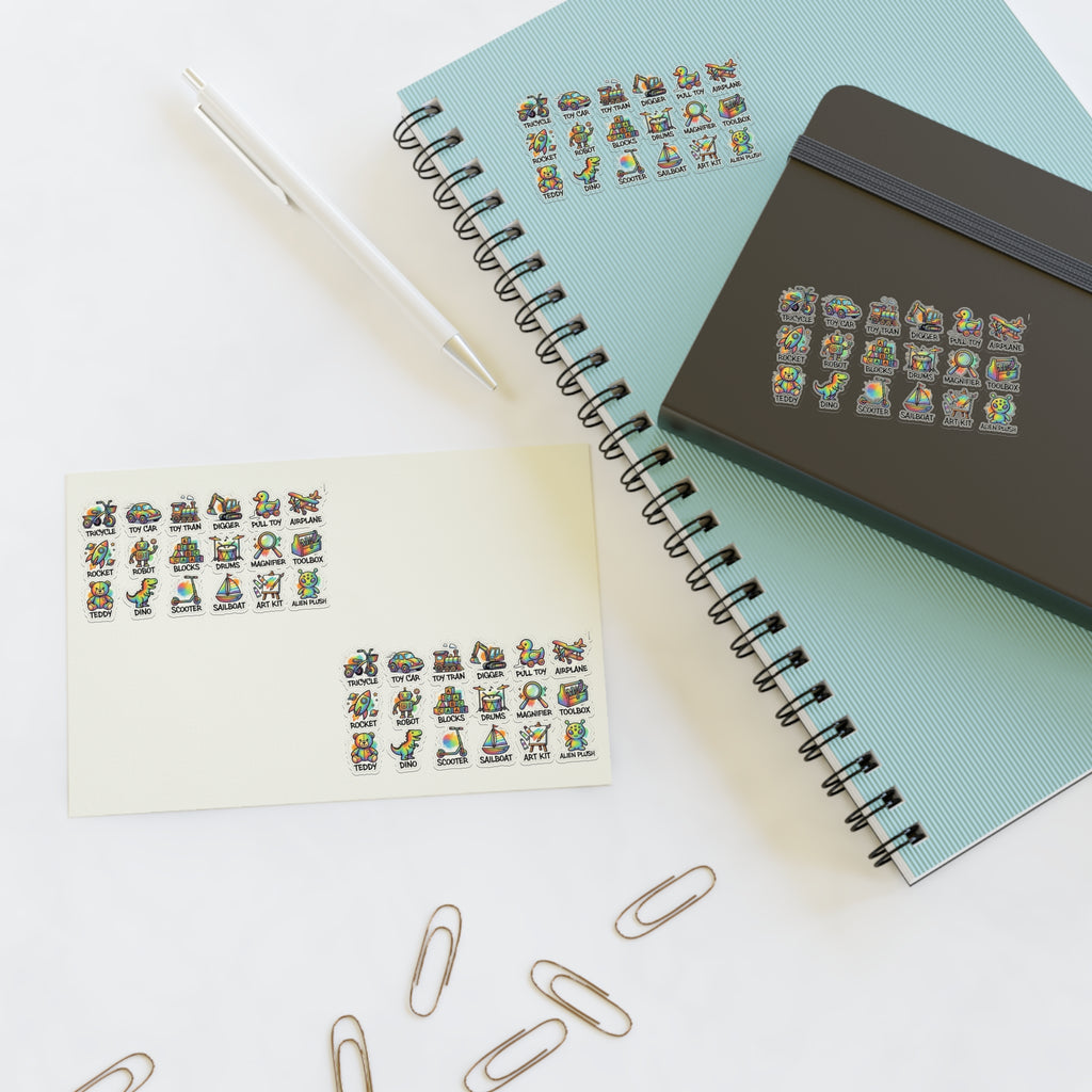 Toy icon sticker sheet, die-cut labels with many small characters on light paper