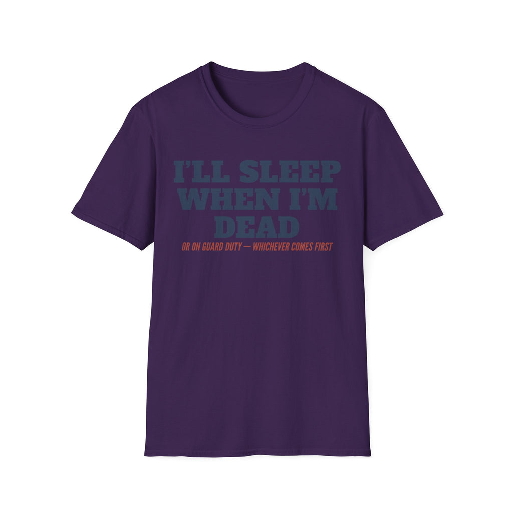 Dark purple crewneck T-shirt with front text graphic: “I'll Sleep When I'm Dead”