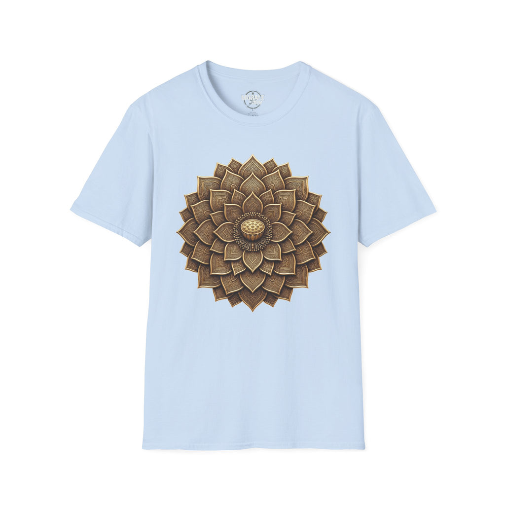 Light blue T-shirt with bronze geometric flower mandala sunburst front print