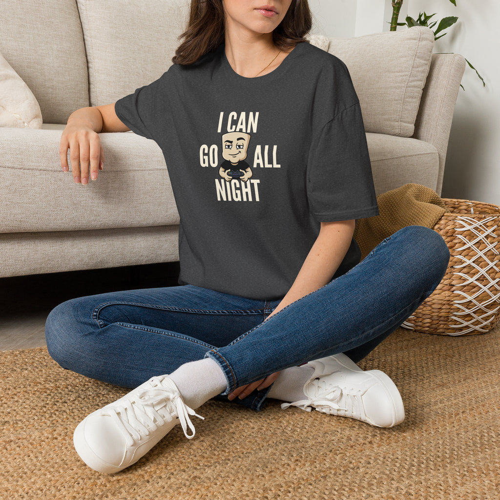 Dark gray T-shirt with “I CAN GO ALL NIGHT” gaming graphic, worn by model