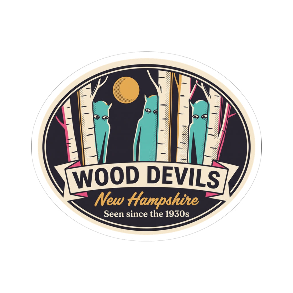 Oval kiss-cut vinyl sticker with birch trees, teal figures, gold moon, and Wood Devils text