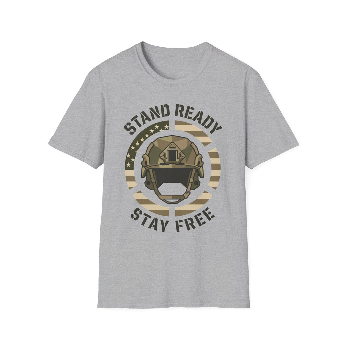 Light gray crew-neck military helmet graphic t-shirt with circular “Stand Ready Stay Free” print