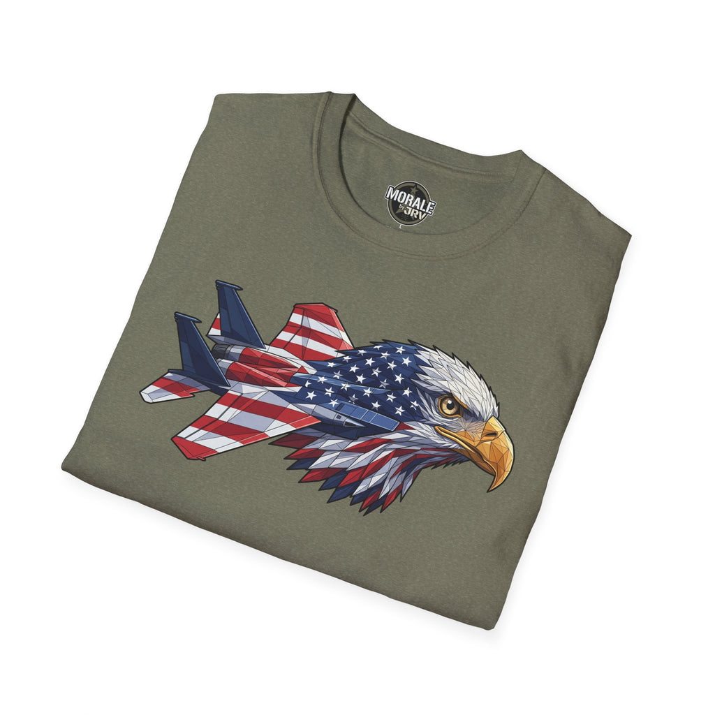 Heather military green T-shirt with bald eagle head and USA flag graphic on the front