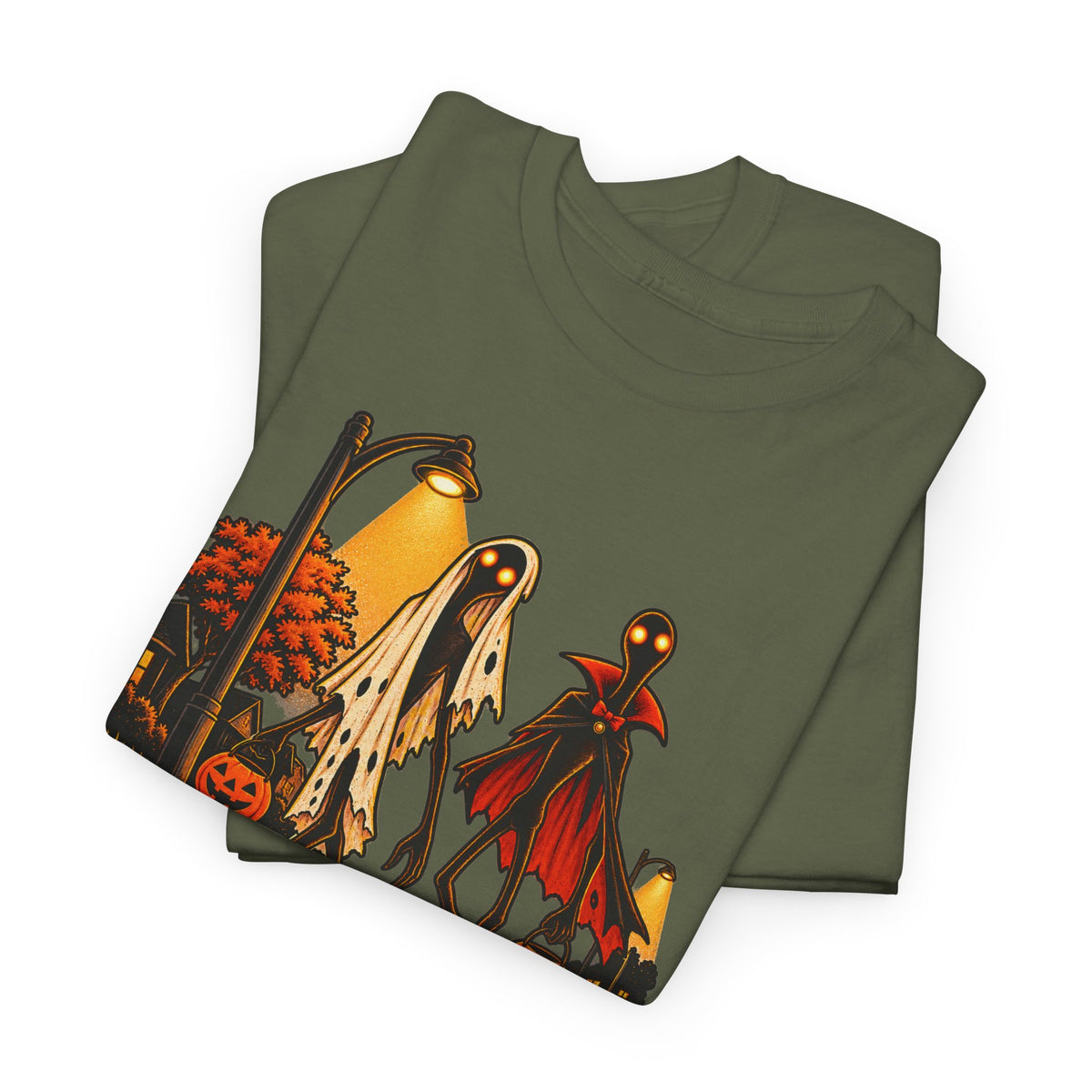 Olive green Halloween T-shirt with partial vintage ghost and vampire front graphic