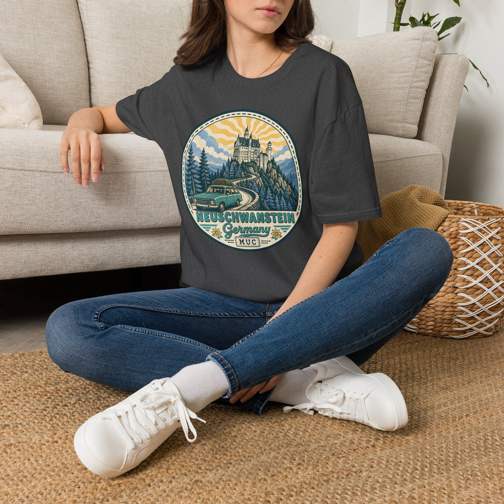 Dark gray graphic T-shirt with circular Neuschwanstein castle illustration on chest