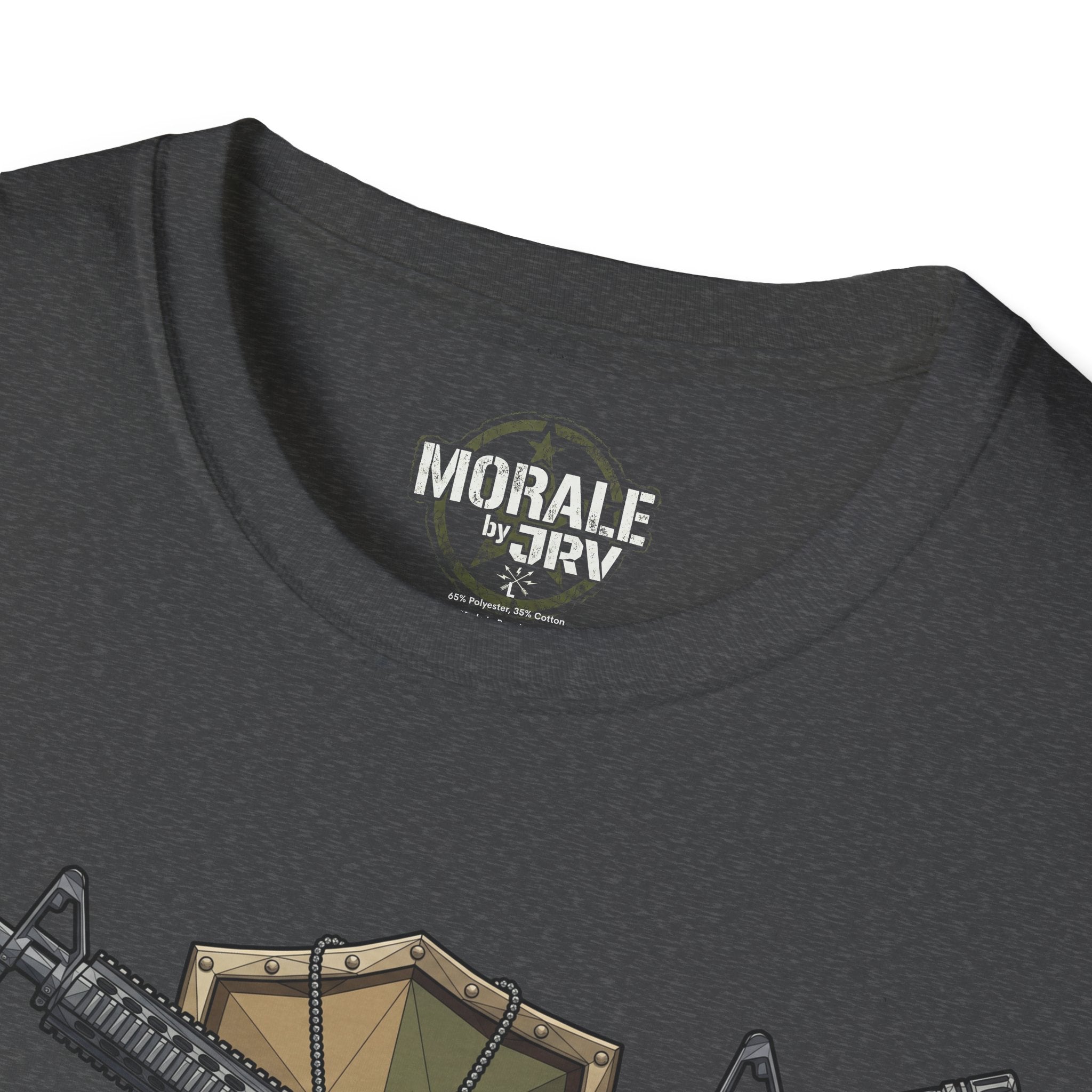 Dark gray T-shirt with “MORALE by TRV” logo near neckline