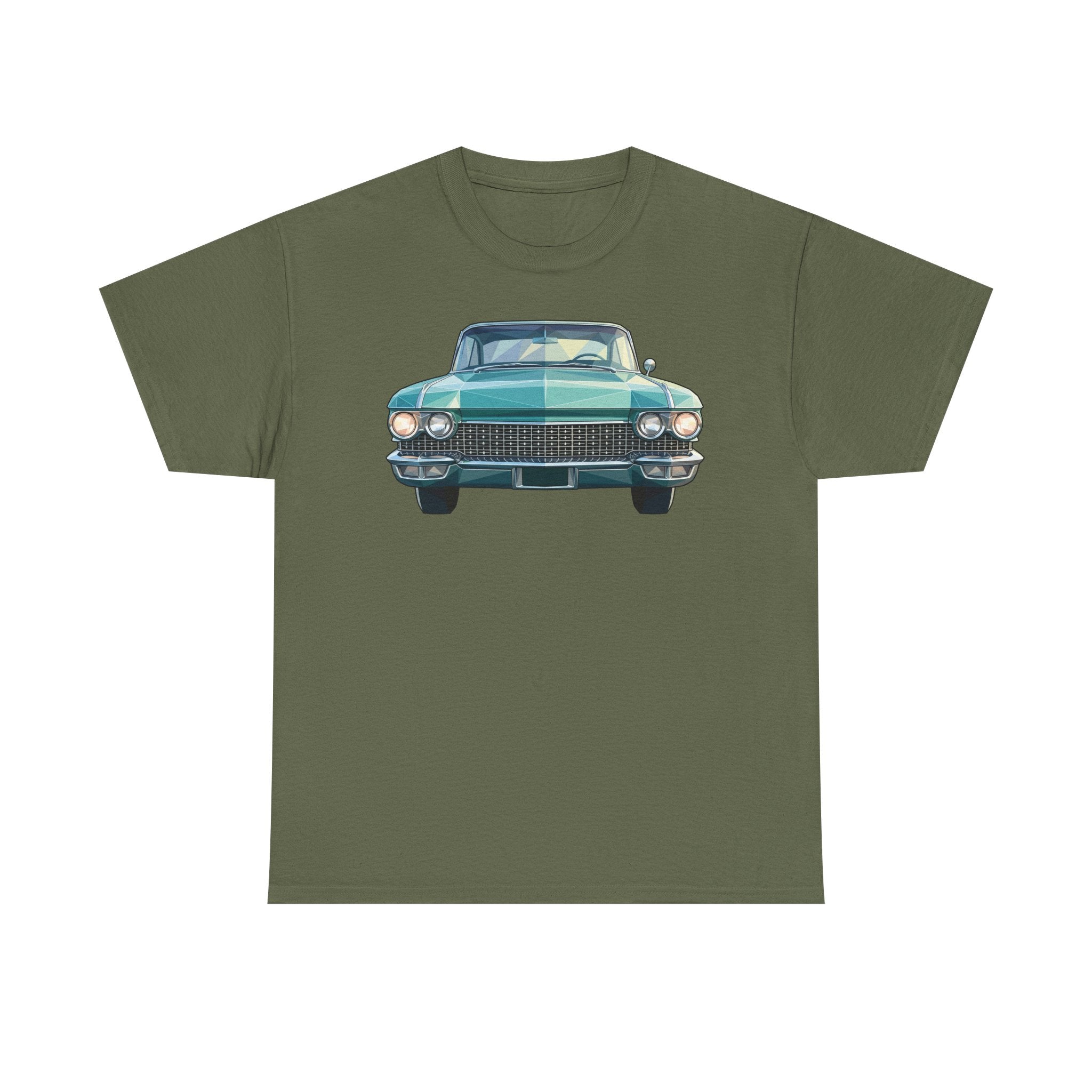 Military green crew-neck T-shirt with front car illustration graphic