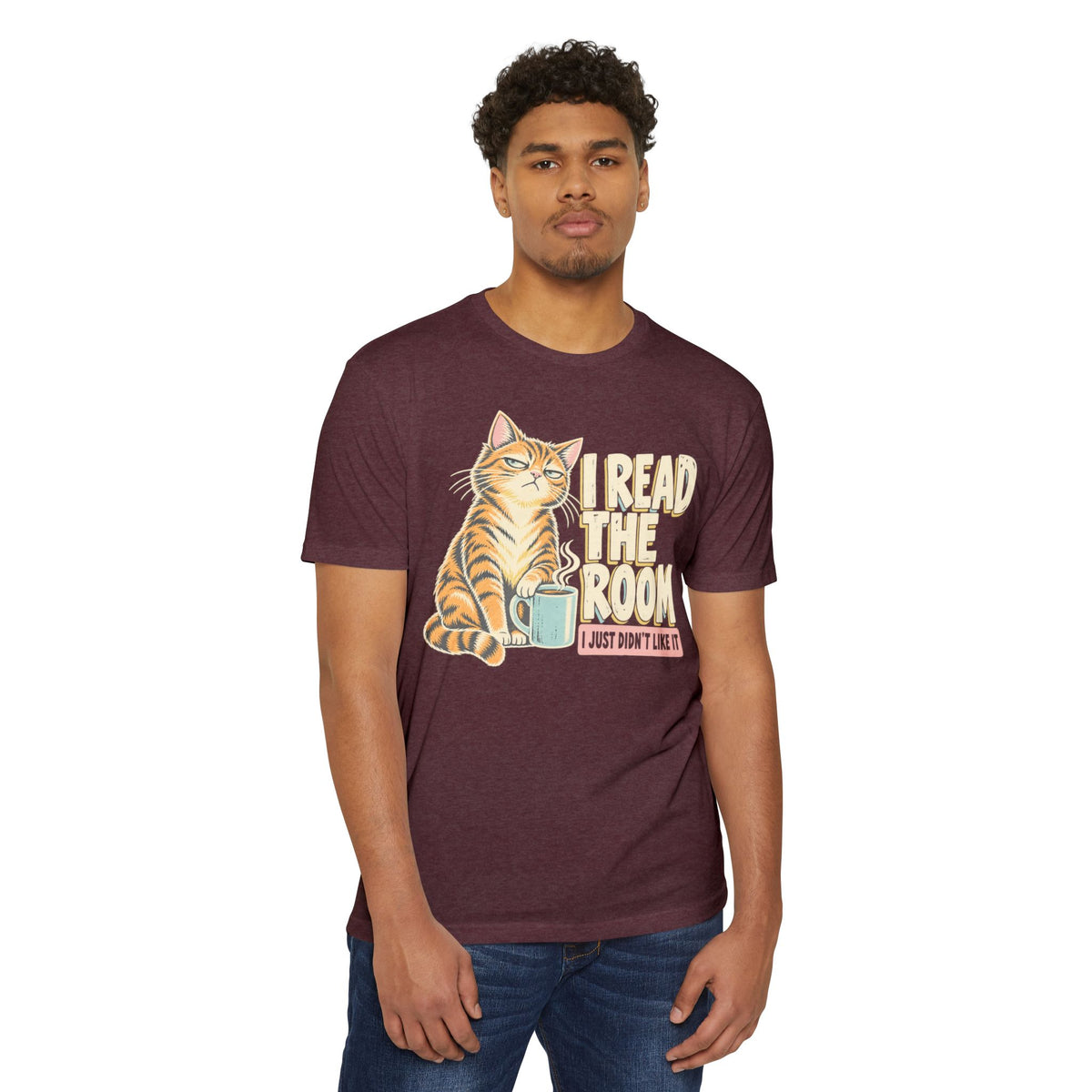 Maroon cat graphic T-shirt with “I read the room” text and tiger cat.