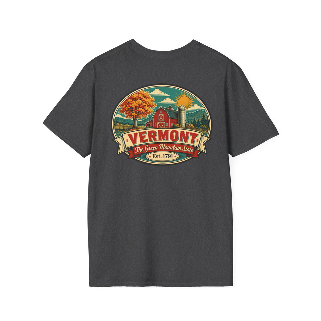 Dark gray T-shirt with Vermont badge graphic print, short sleeves, crew neck