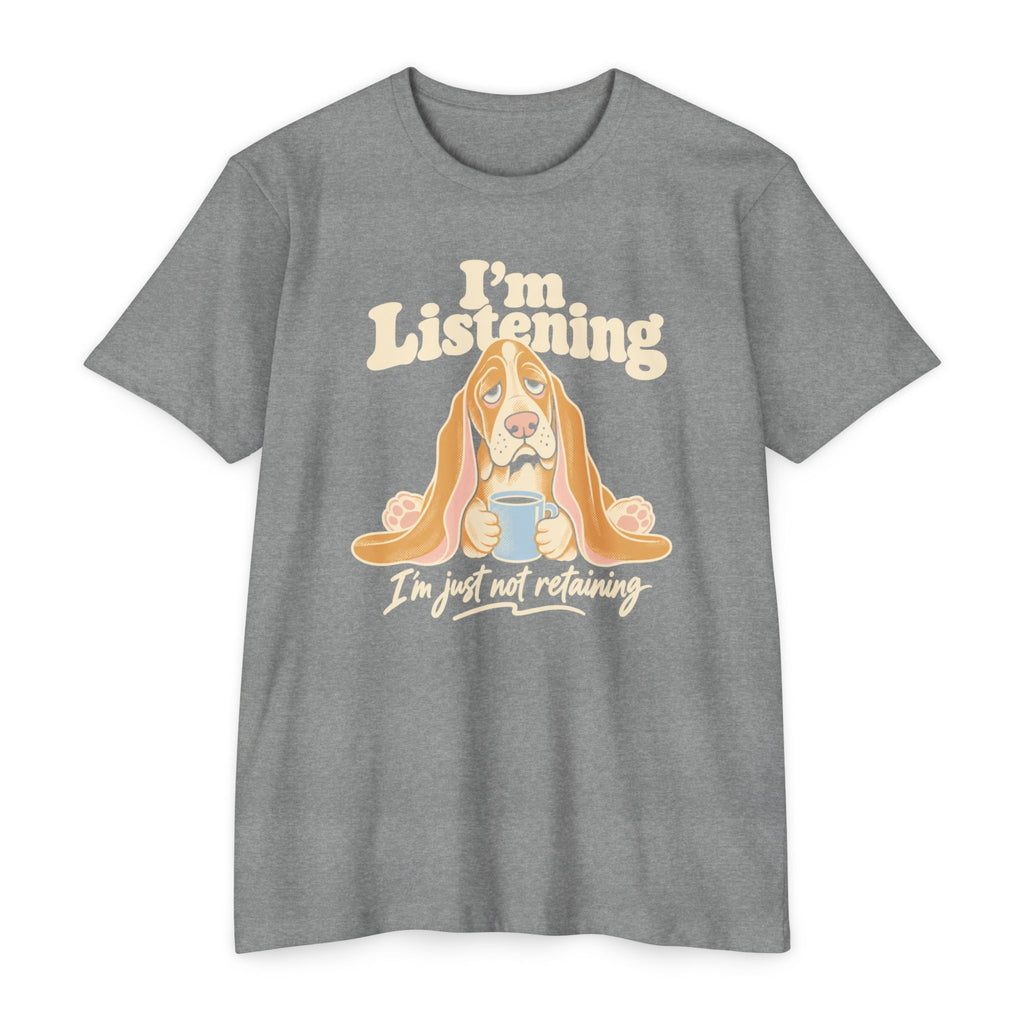 Heather gray T-shirt with basset hound "I'm Listening" front print