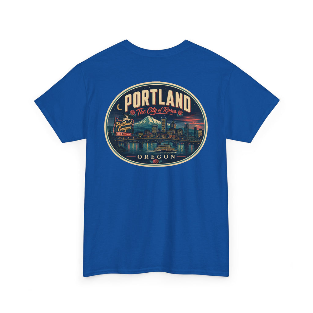 Royal blue T-shirt with Portland Oregon round skyline badge graphic