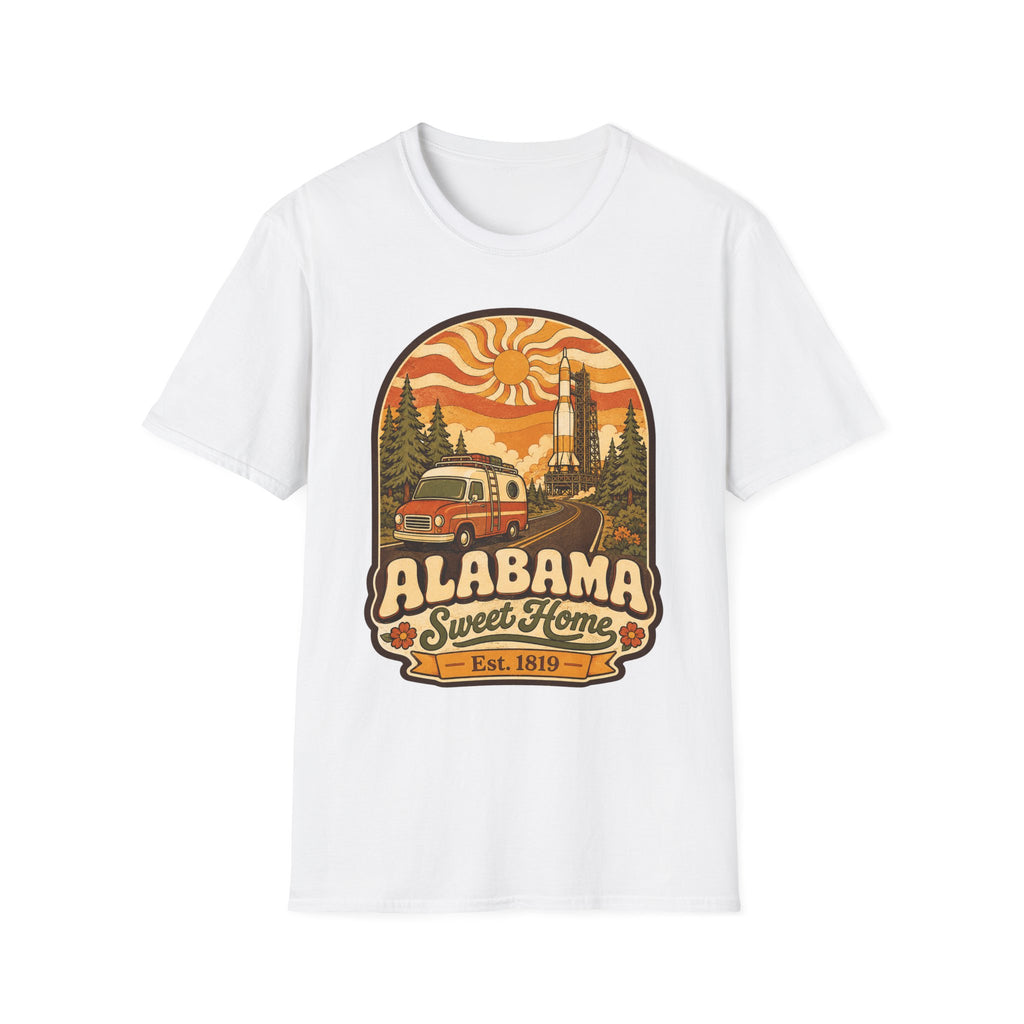 Unisex white T-shirt with Alabama Sweet Home vintage camper graphic