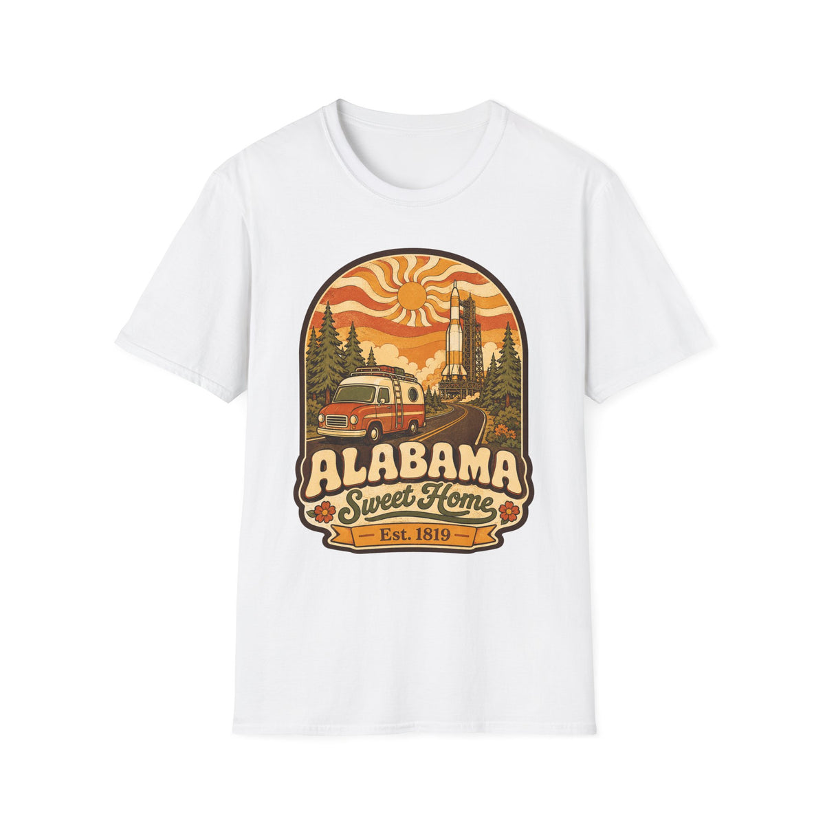 Unisex white T-shirt with Alabama Sweet Home vintage camper graphic