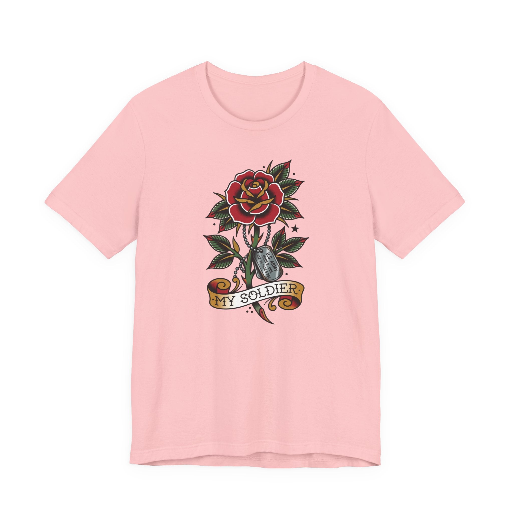 Light pink T-shirt with rose and dog tag graphic reading “MY SOLDIER”