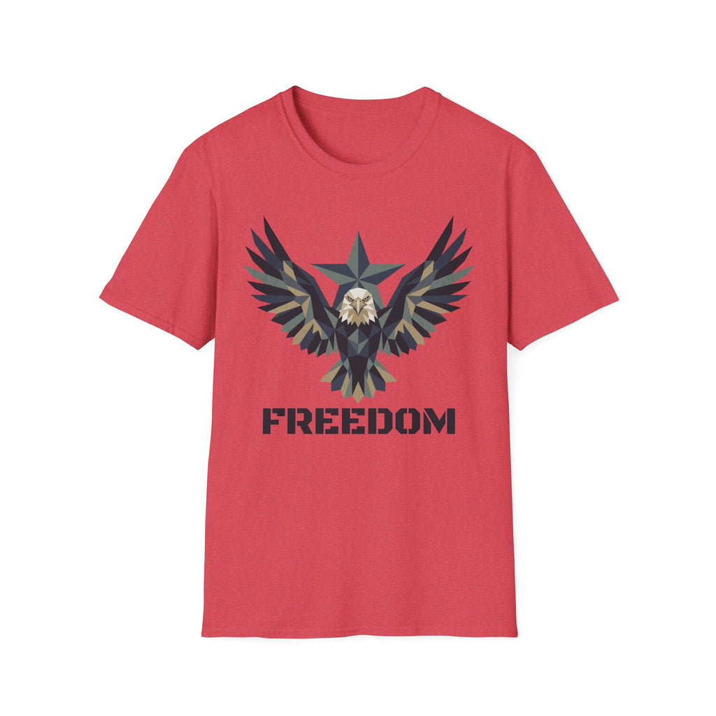 Red crew-neck graphic t-shirt with eagle star design and "FREEDOM" lettering