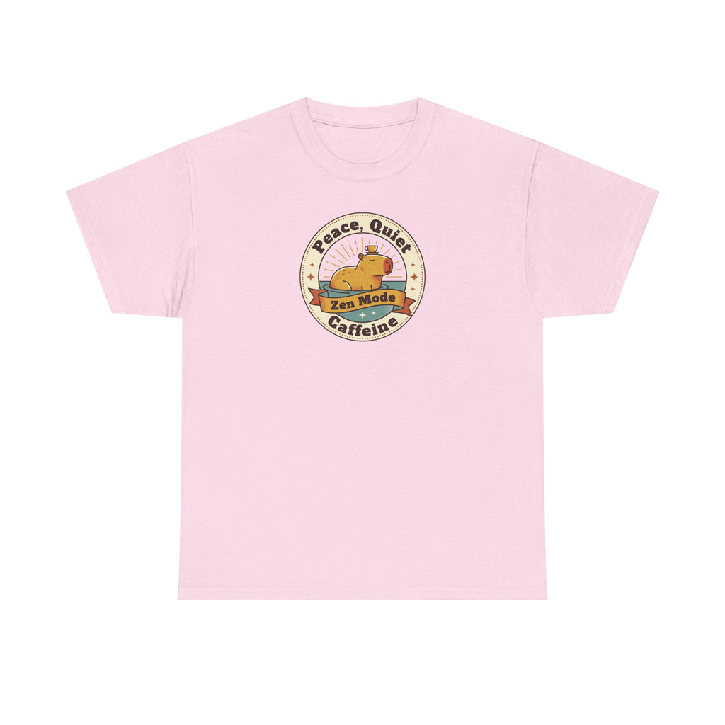 Light pink crew neck T-shirt with Peace Quiet Caffeine Zen Mode circular emblem