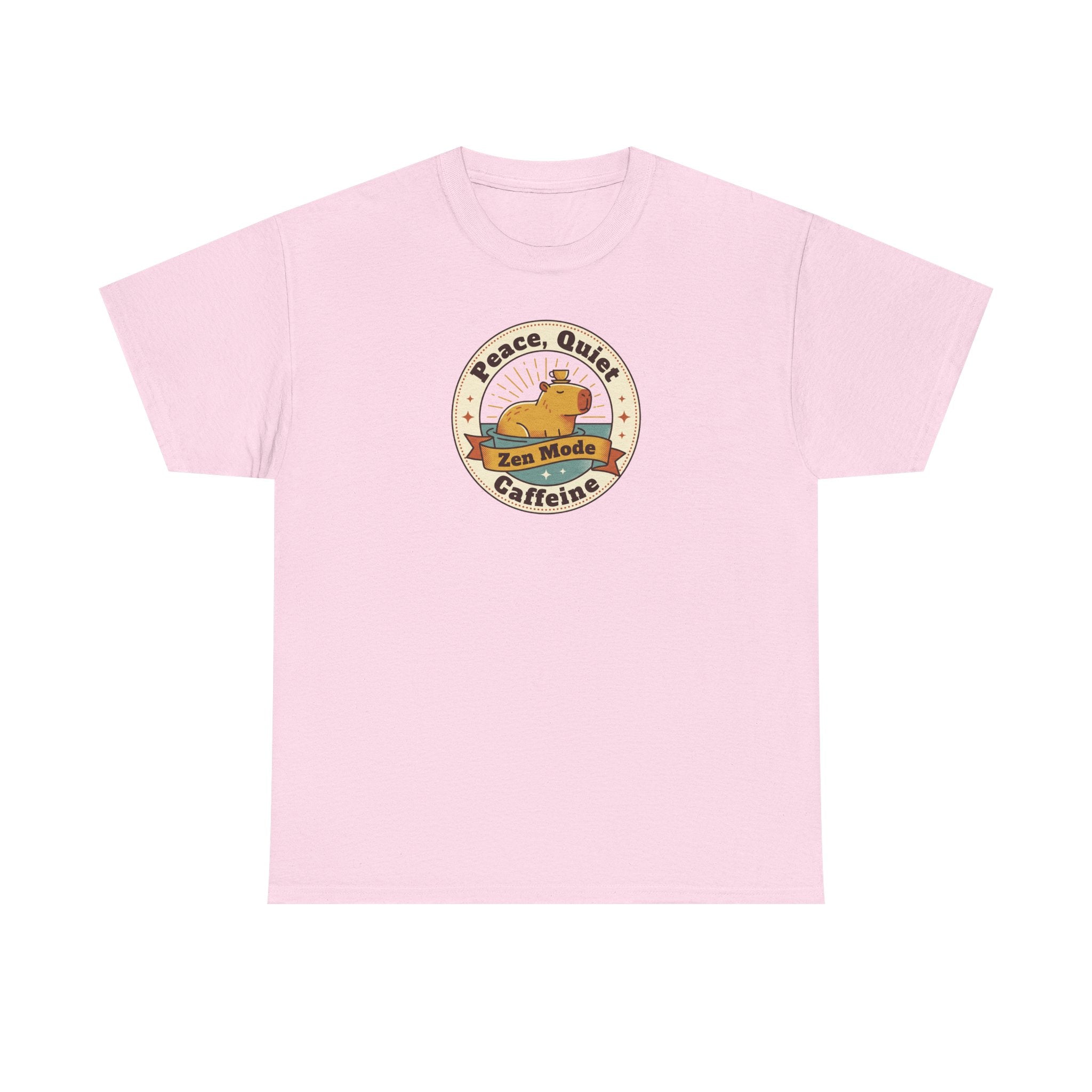 Light pink crew neck T-shirt with Peace Quiet Caffeine Zen Mode circular emblem