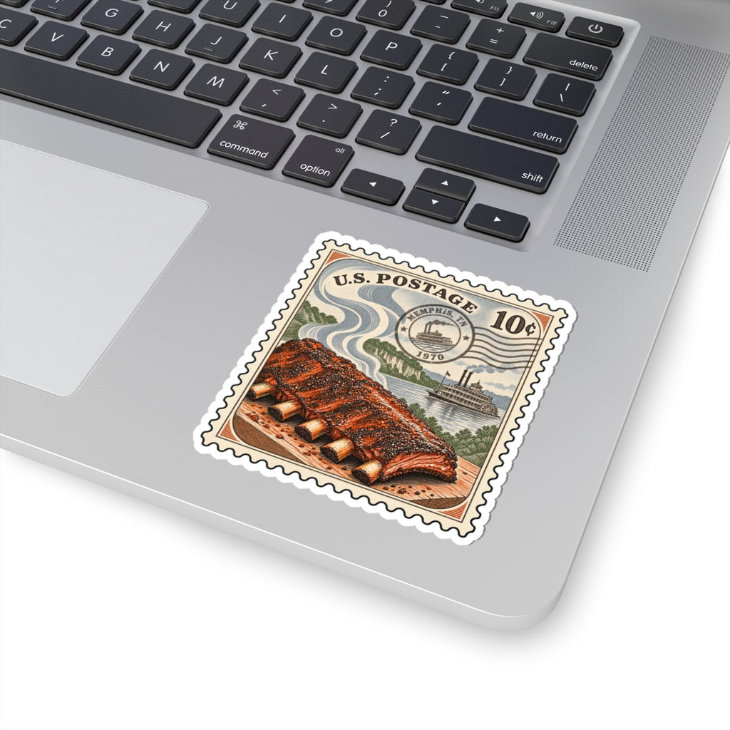BBQ ribs postage stamp sticker on a laptop trackpad