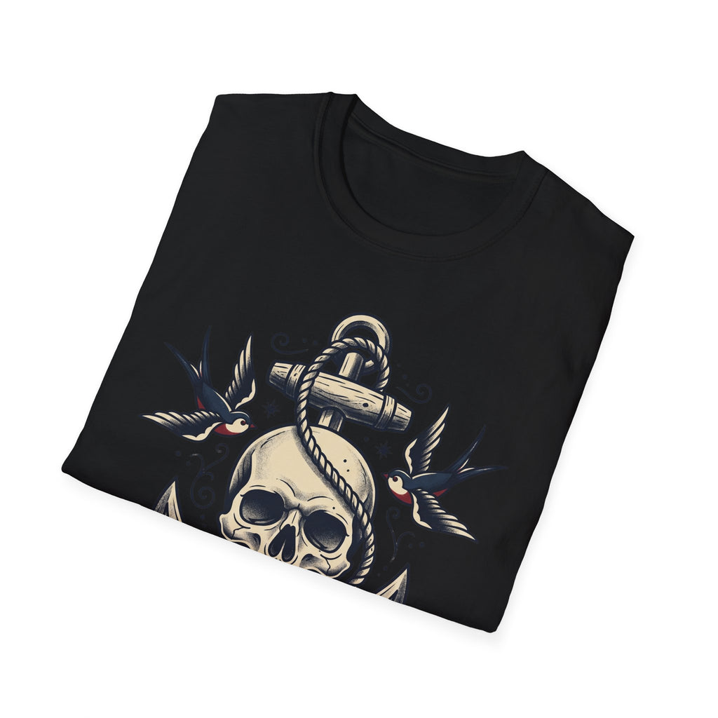 Black sailor skull anchor T-shirt with rope anchor skull and bird tattoo graphic