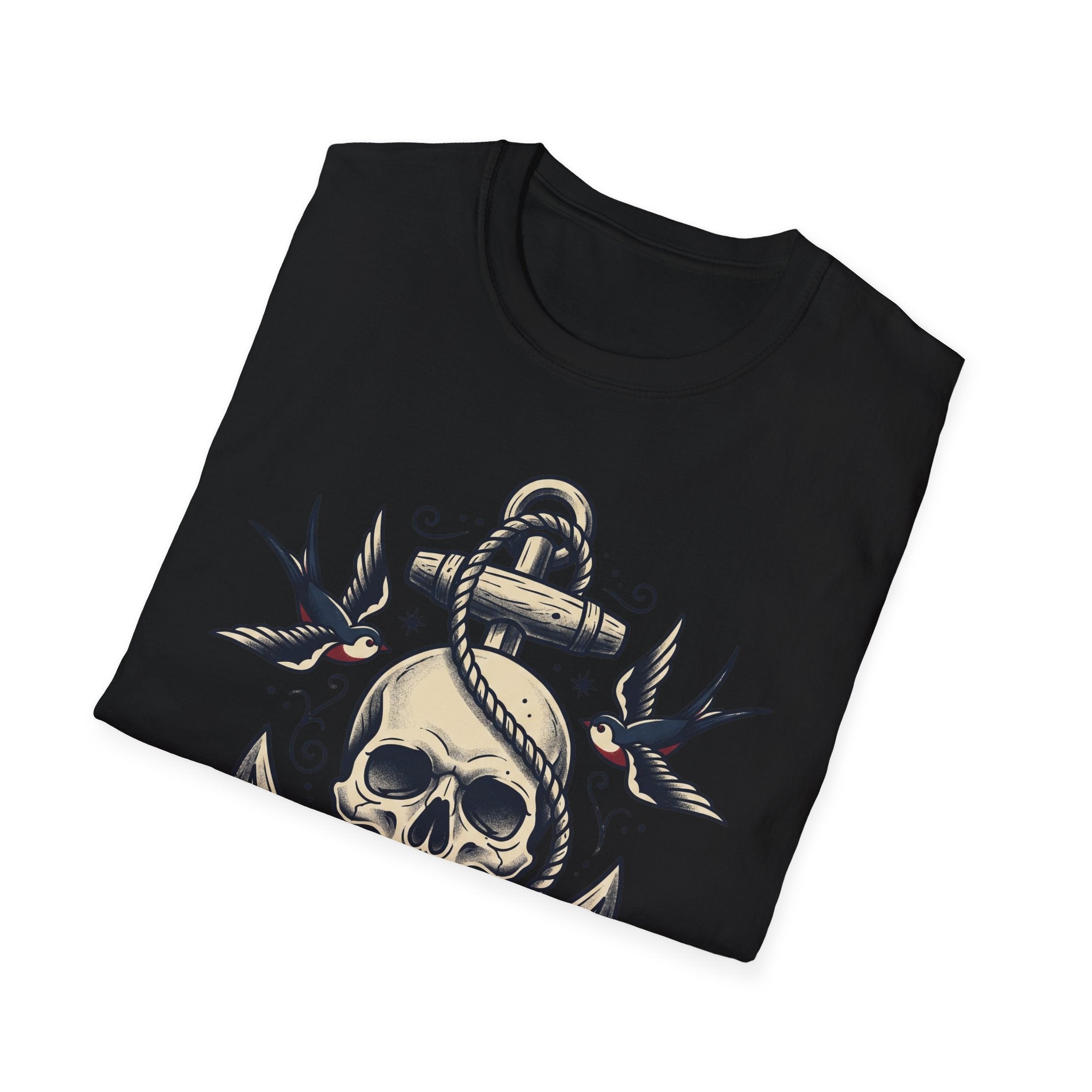 Black sailor skull anchor T-shirt with rope anchor skull and bird tattoo graphic