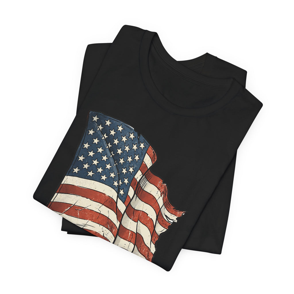 Black T-shirt with vintage American flag waving graphic on the chest