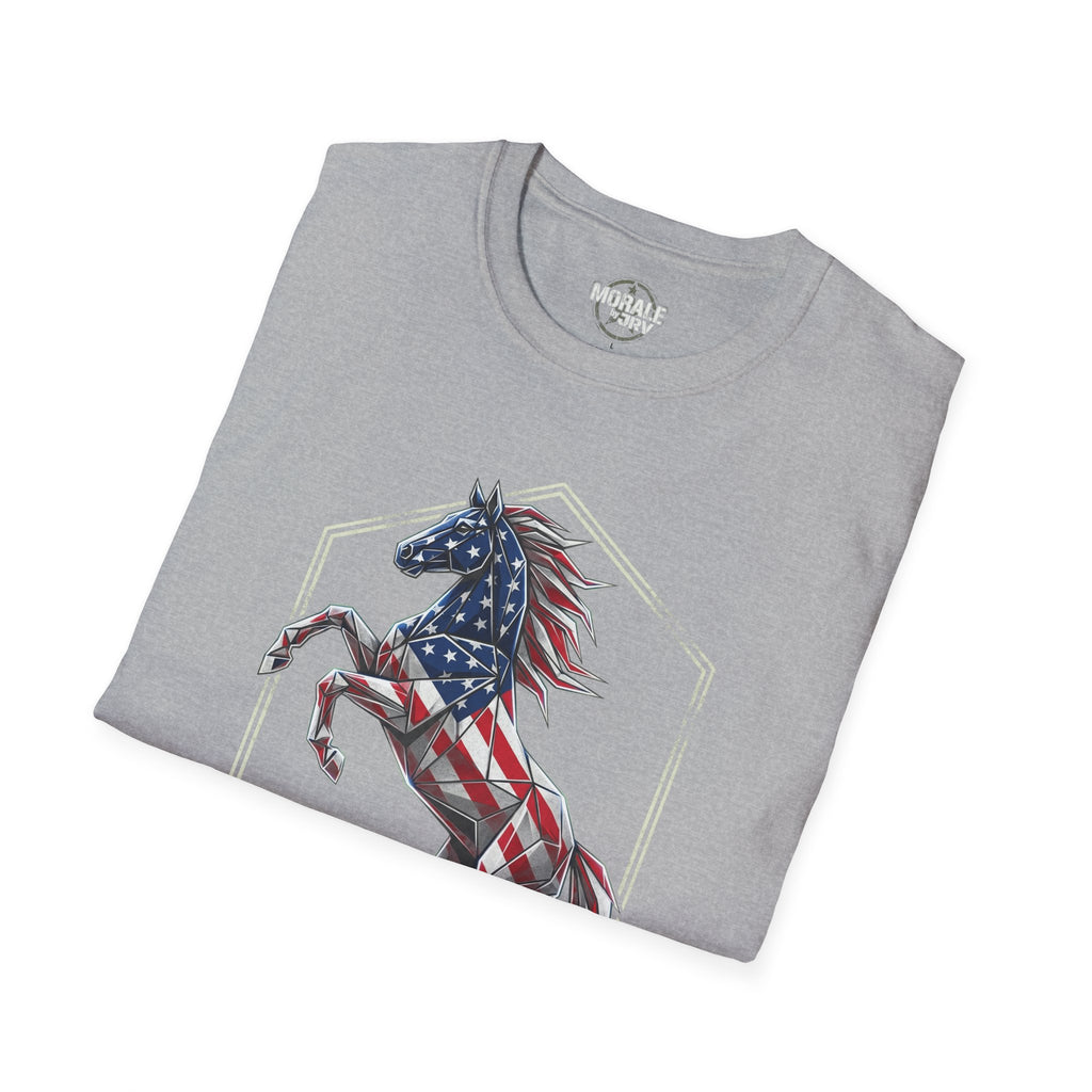 Heather gray T-shirt with patriotic horse graphic on front