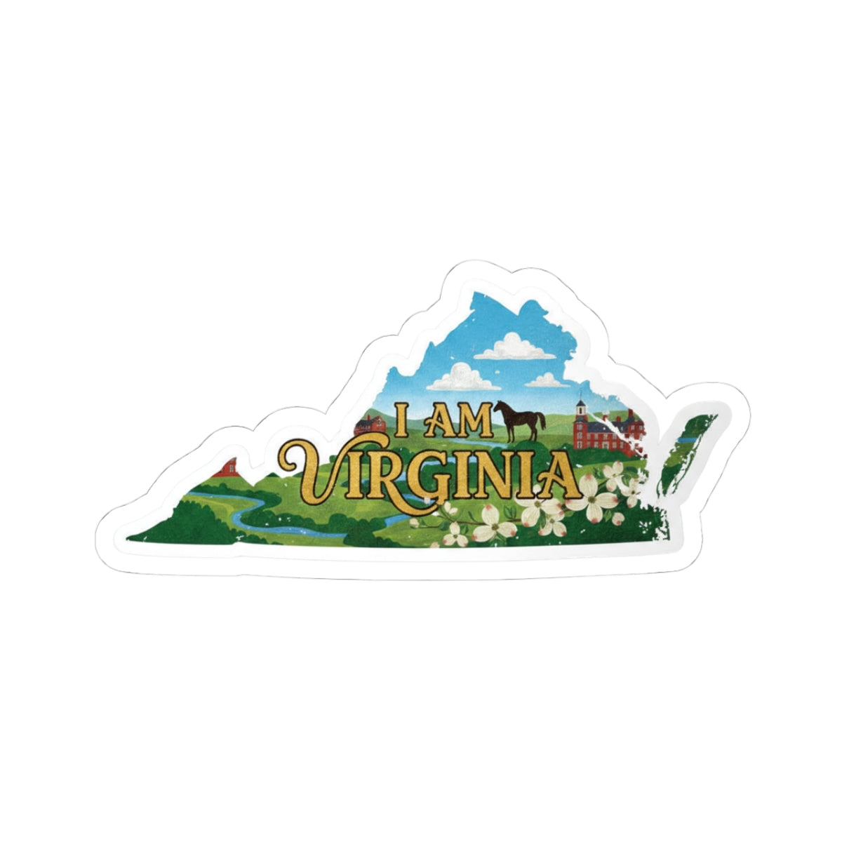 I Am Virginia sticker with illustrated scenery and text, die-cut white border