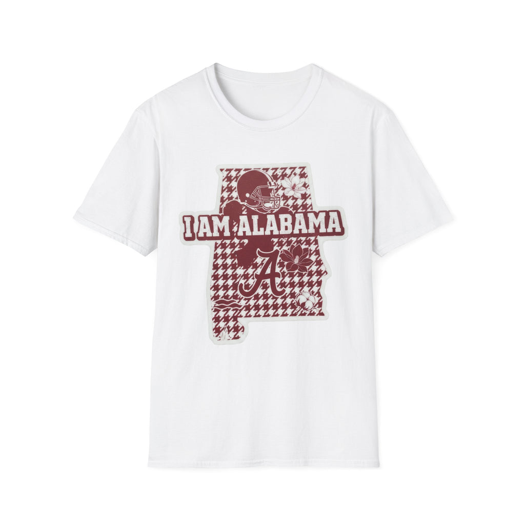 I Am Alabama houndstooth graphic T-shirt, white base, maroon and white state print