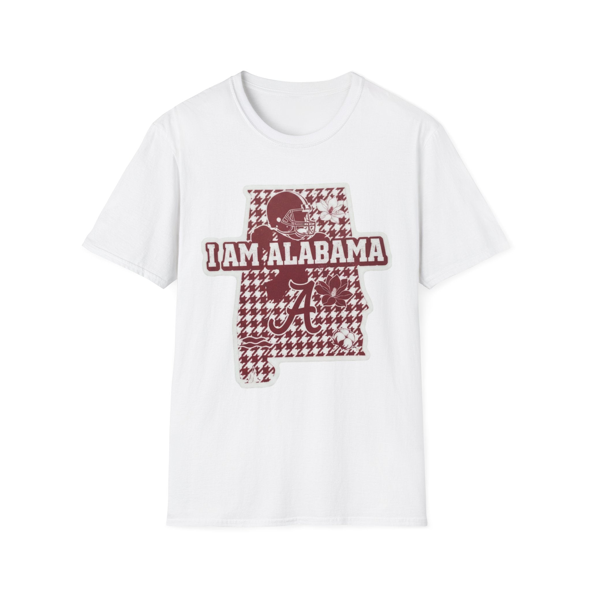 I Am Alabama houndstooth graphic T-shirt, white base, maroon and white state print