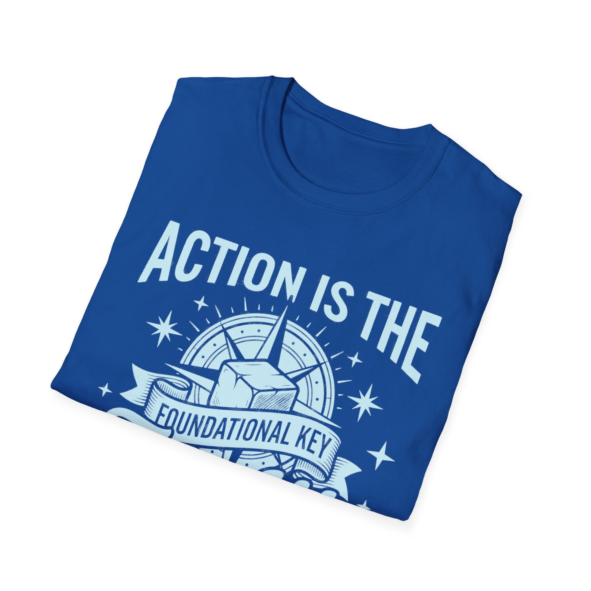 Royal blue Action Is The Foundational Key T-shirt with graphic and slogan print