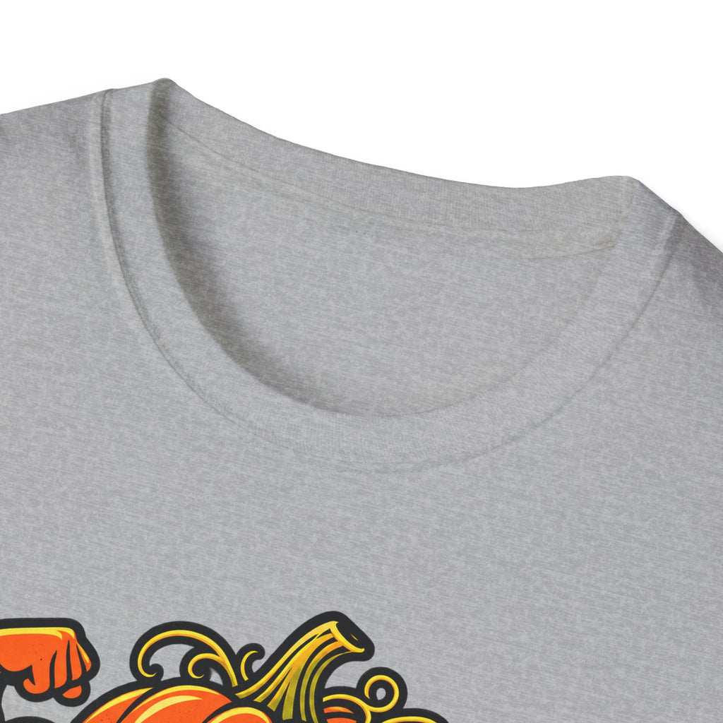 Heather gray T-shirt neckline with partial orange pumpkin 'SQUASH' graphic