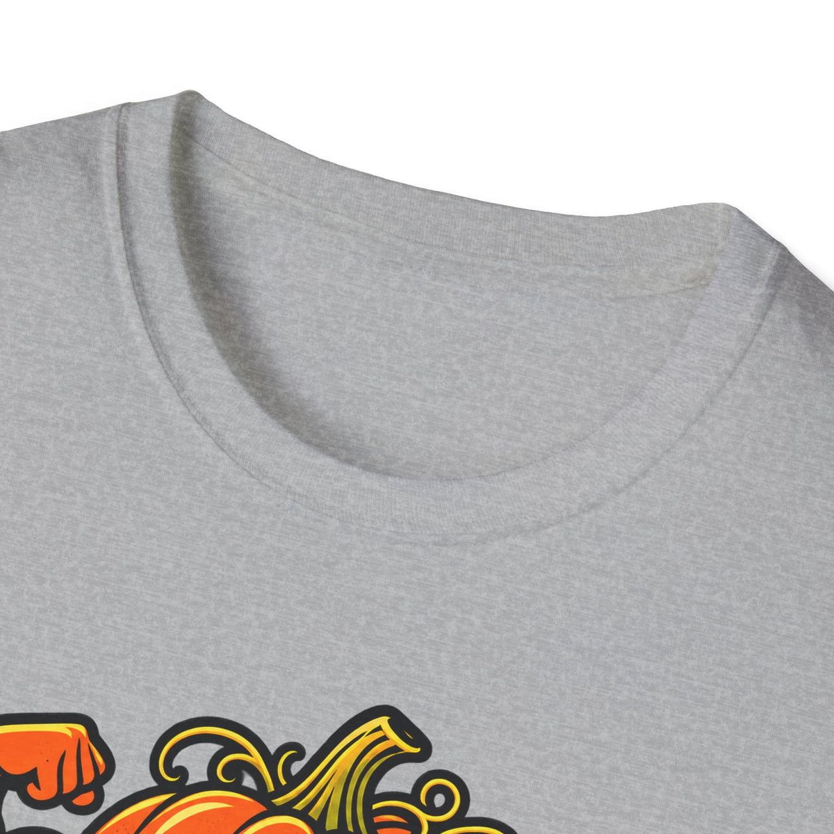Heather gray T-shirt neckline with partial orange pumpkin 'SQUASH' graphic