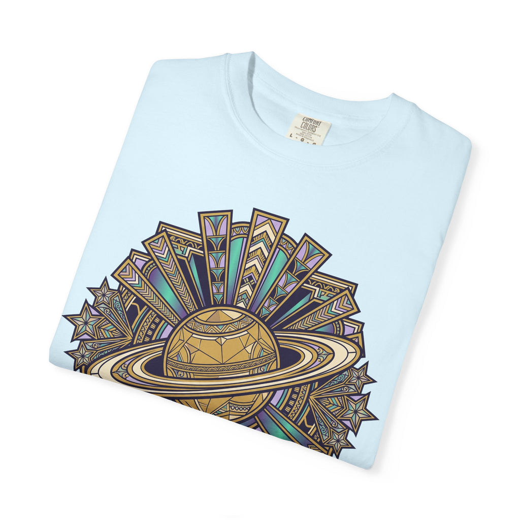 Light blue crew-neck T-shirt with colorful celestial Saturn graphic on front.