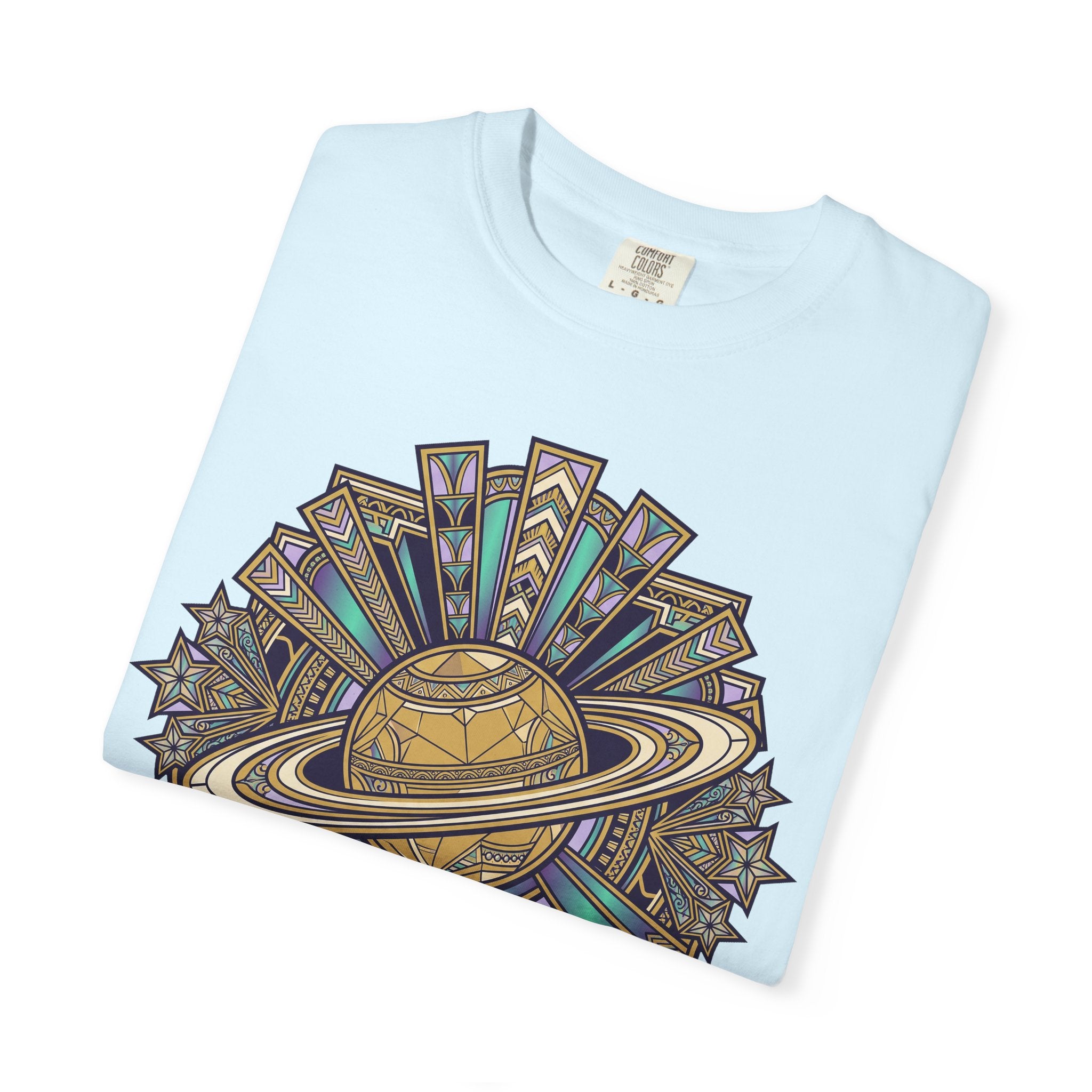 Light blue crew-neck T-shirt with colorful celestial Saturn graphic on front.