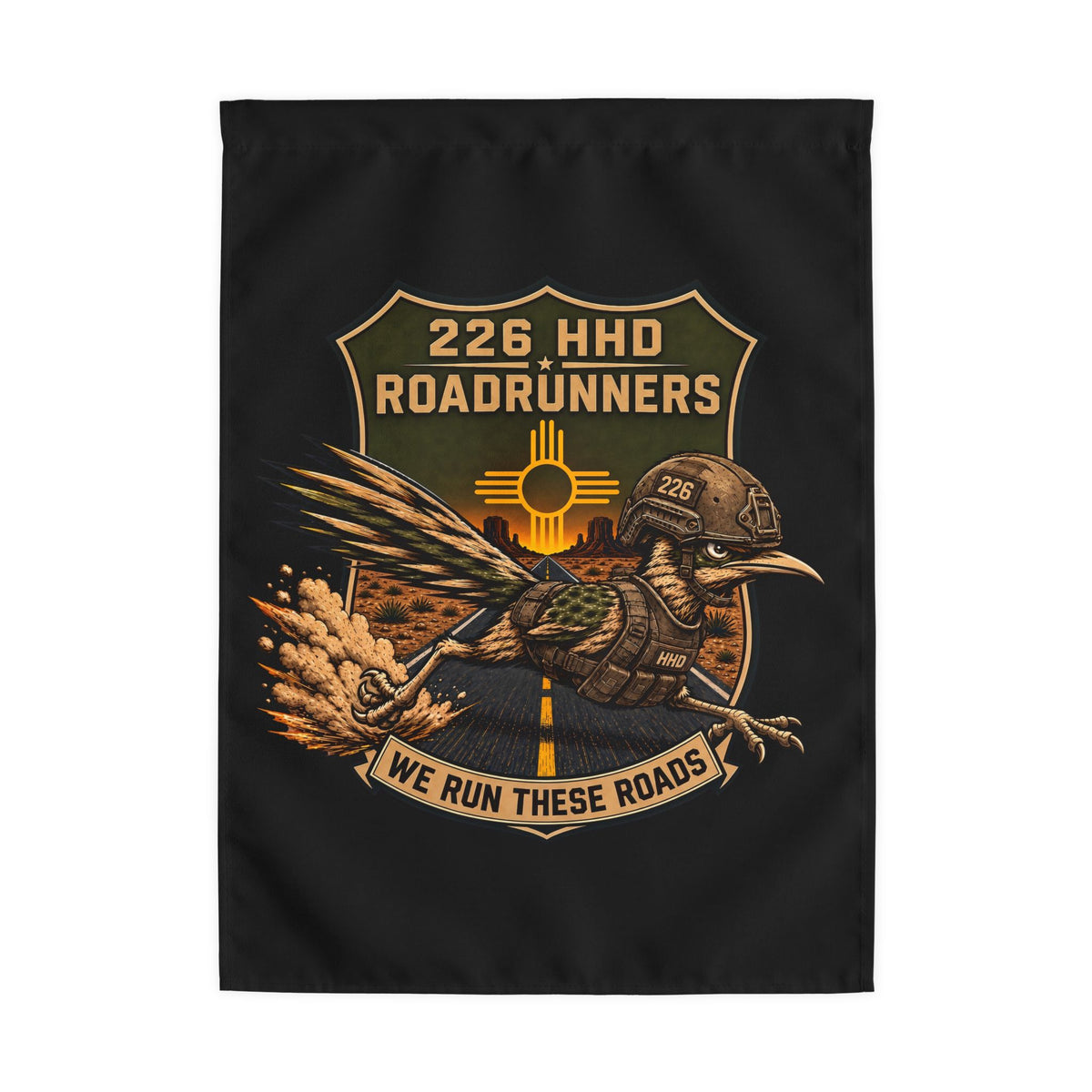 Black vertical banner featuring Roadrunners crest, helmeted bird, and 'WE RUN THESE ROADS'.