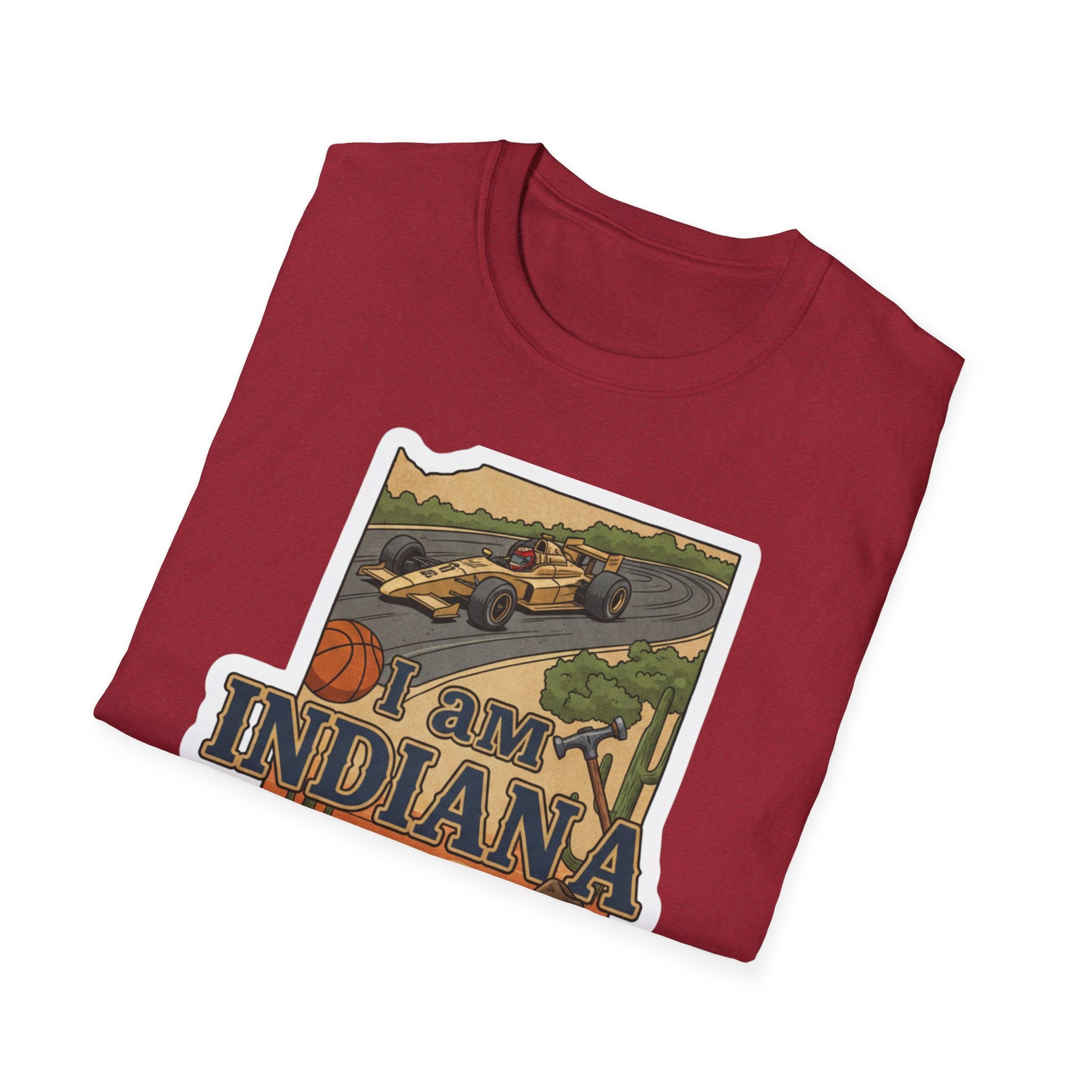 Folded red T-shirt showing Indiana race car, basketball, and “I Am Indiana”