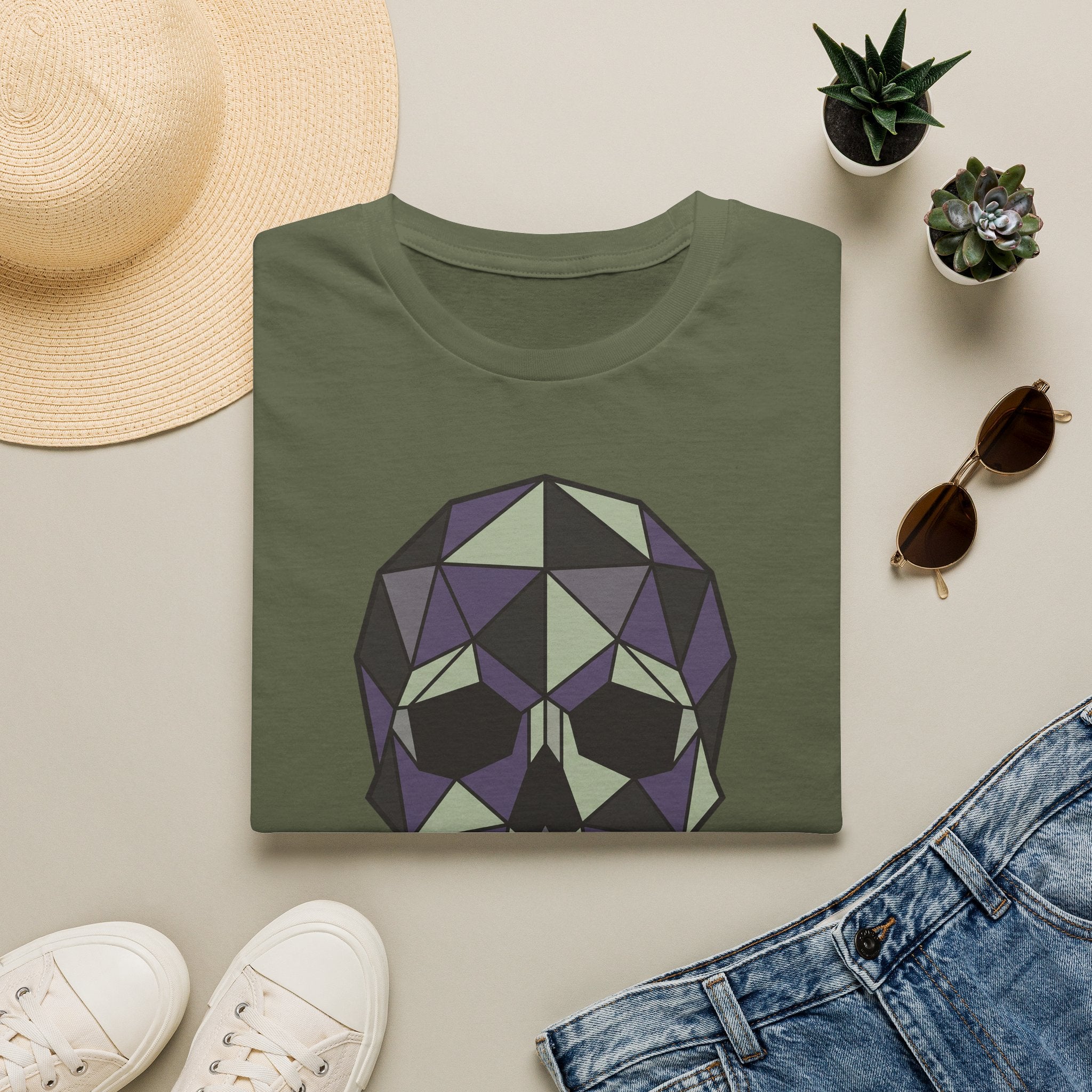 Olive green skull graphic T-shirt with low-poly geometric face design