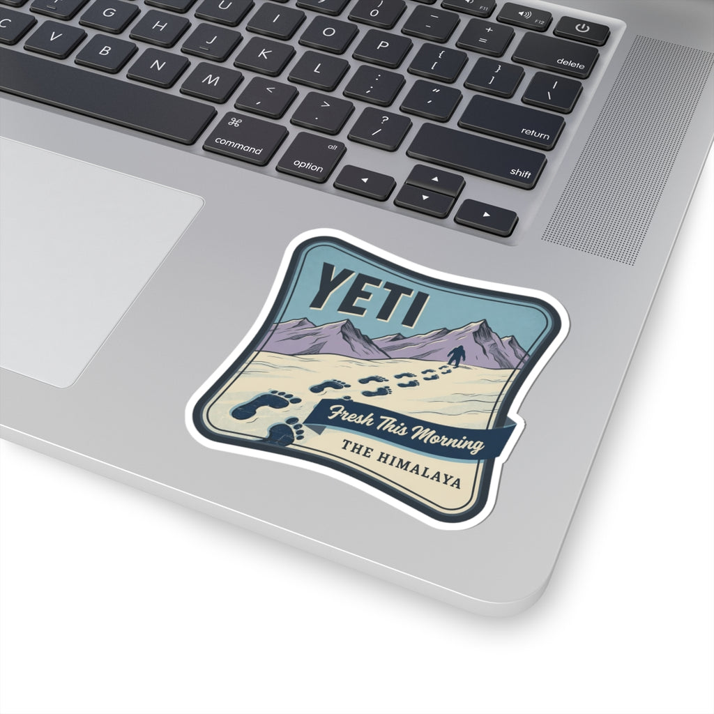 Vinyl decal sticker with YETI logo, mountains, paw prints, and “Fresh This Morning”