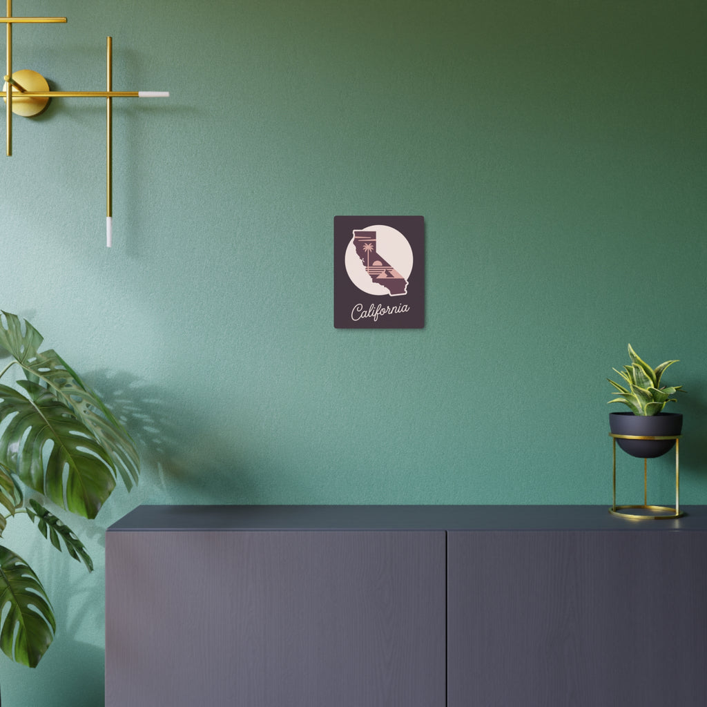 Mauve California metal wall art square featuring circular palm tree state silhouette and "California".
