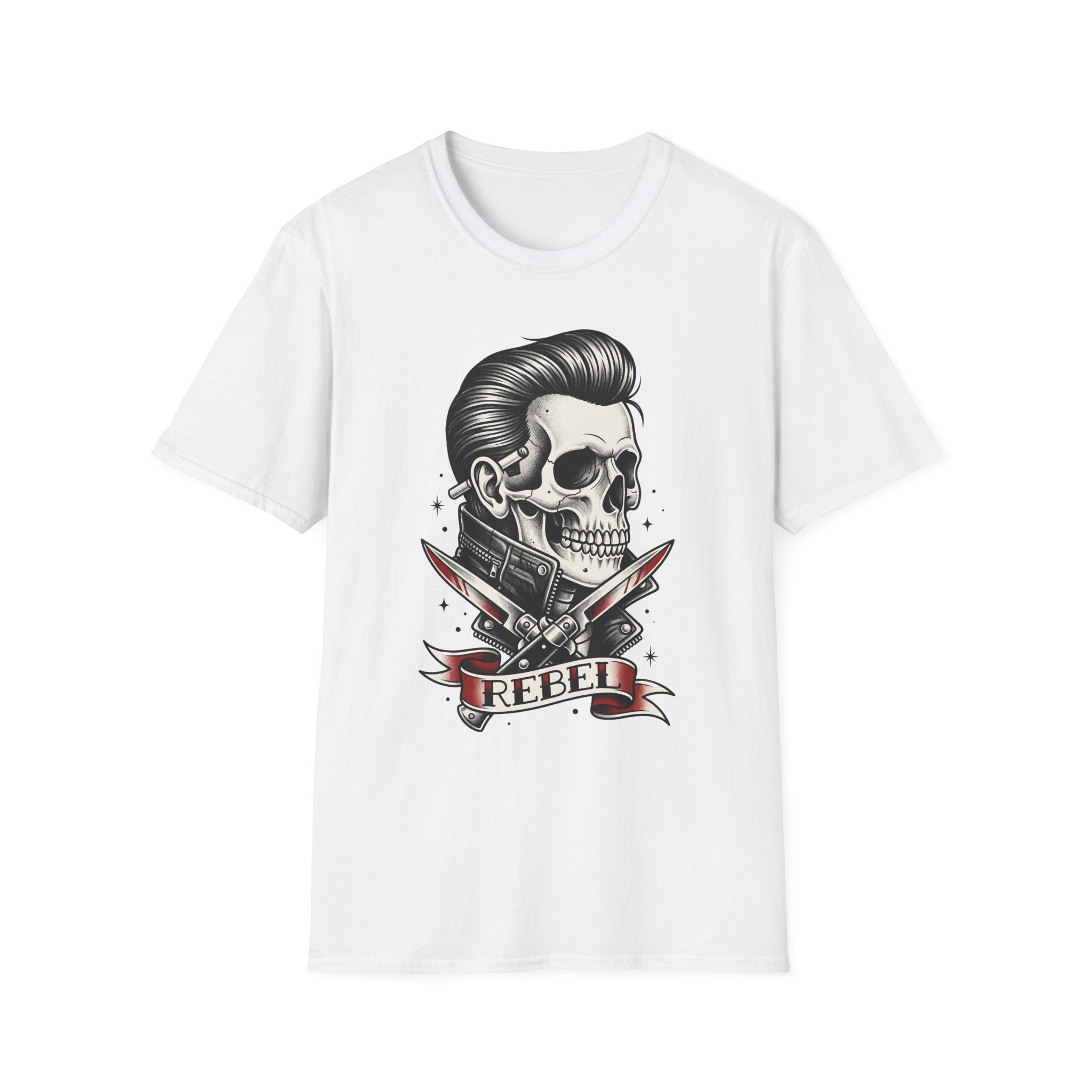 Rockabilly Rebel skeleton T-shirt, white; pompadour skull with crossed razors tattoo art