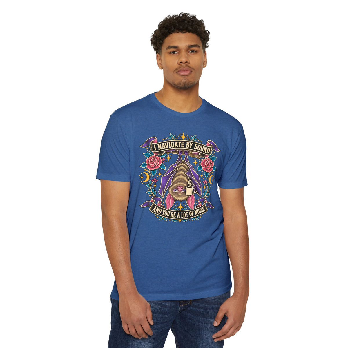 Unisex light blue graphic T-shirt with bat and rose music quote print