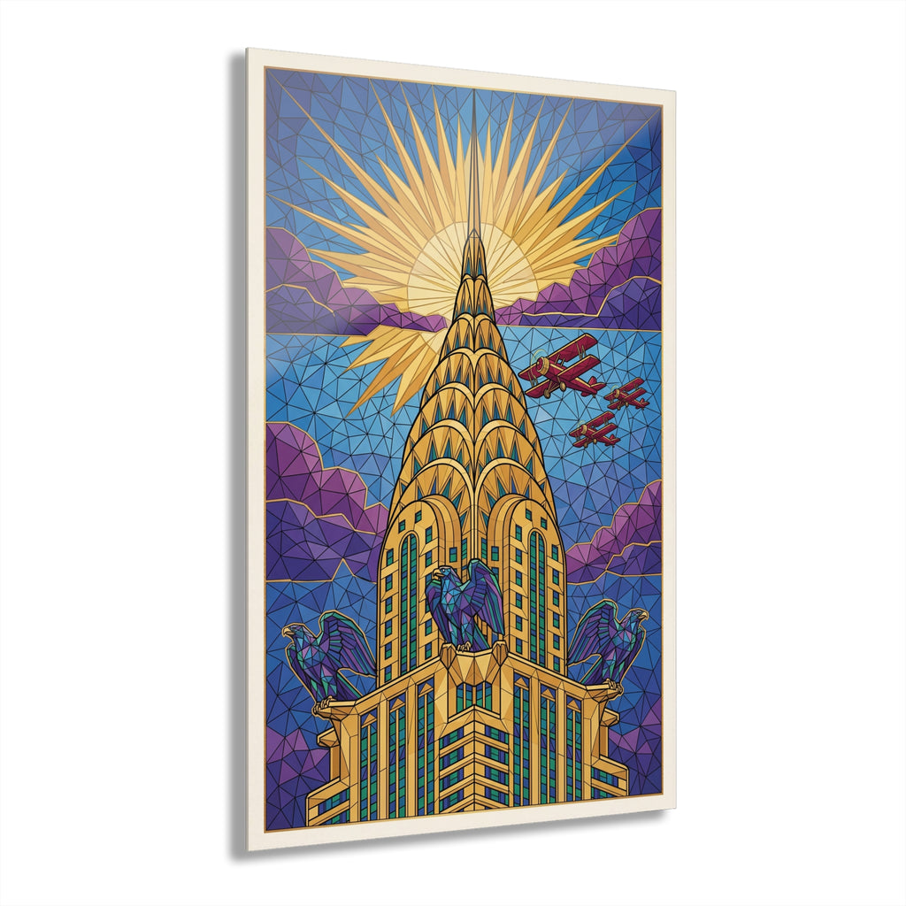 Chrysler Building acrylic print with stained-glass style tower, sunburst sky, red planes