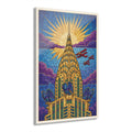 Chrysler Building acrylic print with stained-glass style tower, sunburst sky, red planes