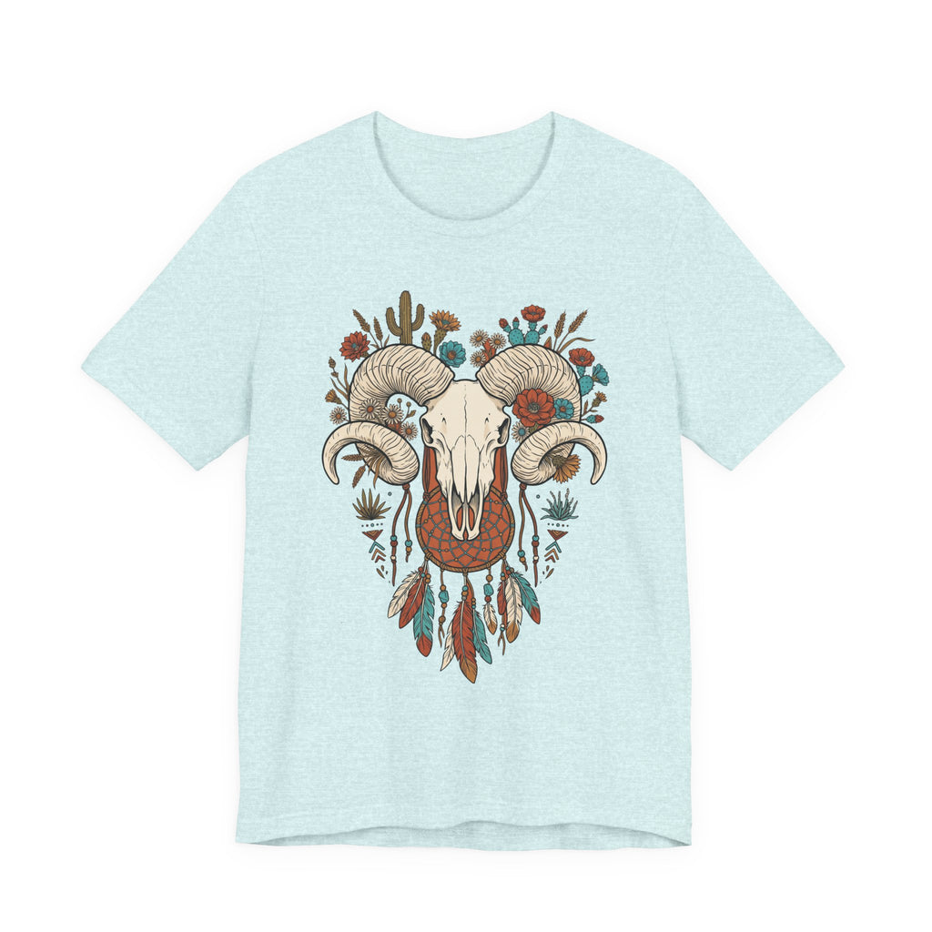 Ram skull with horns graphic T-shirt, light blue front