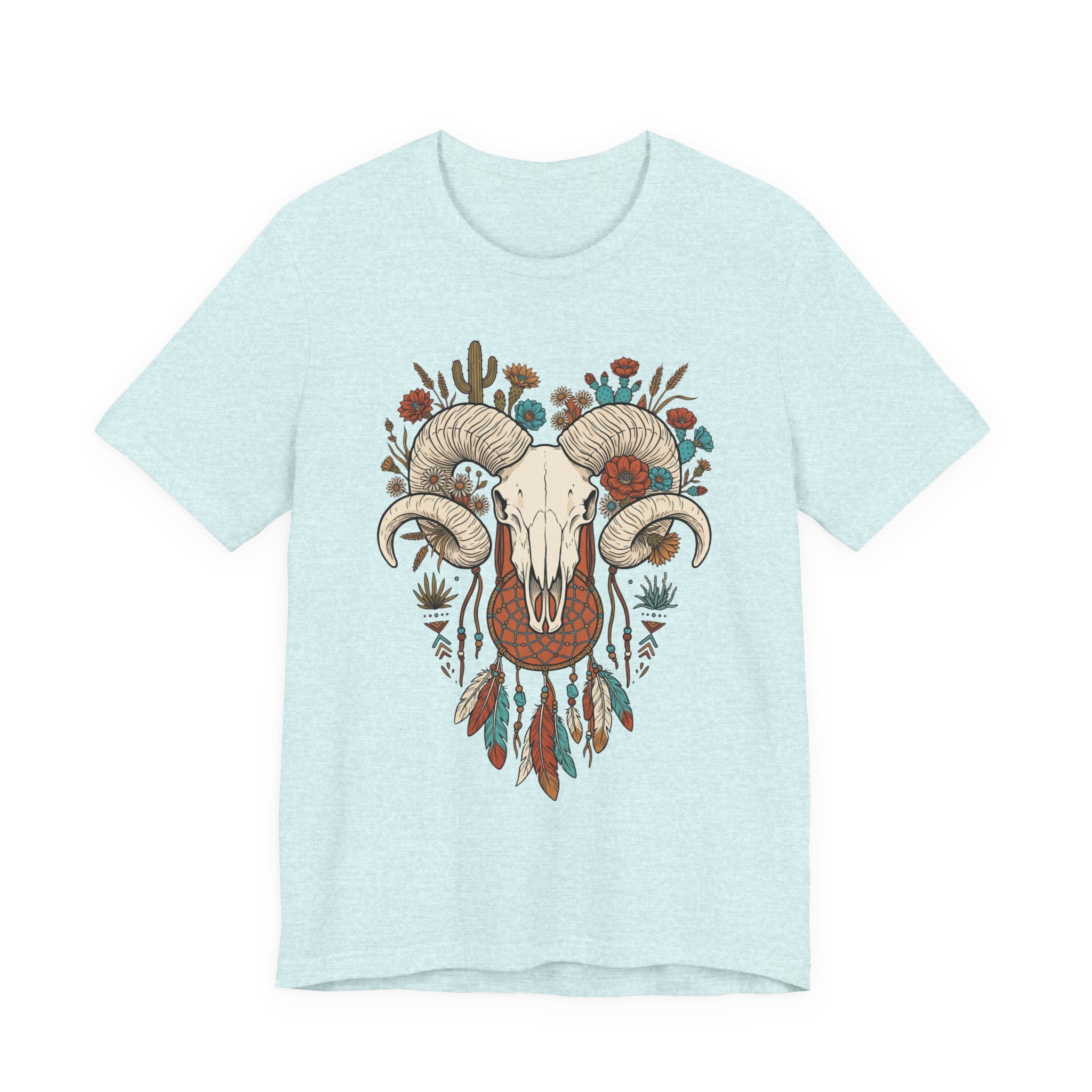 Ram skull with horns graphic T-shirt, light blue front