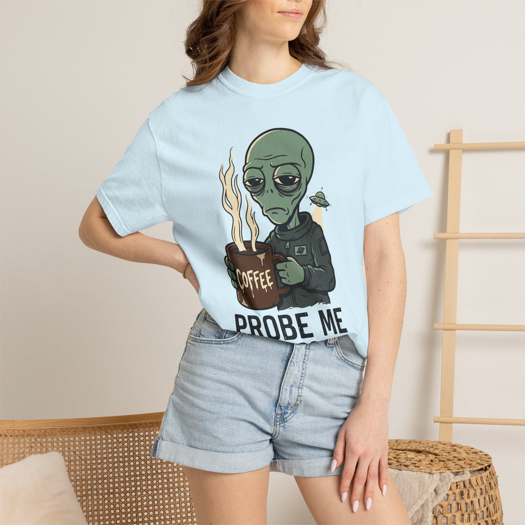 Light blue crew-neck T-shirt with alien coffee graphic and PROBE ME text