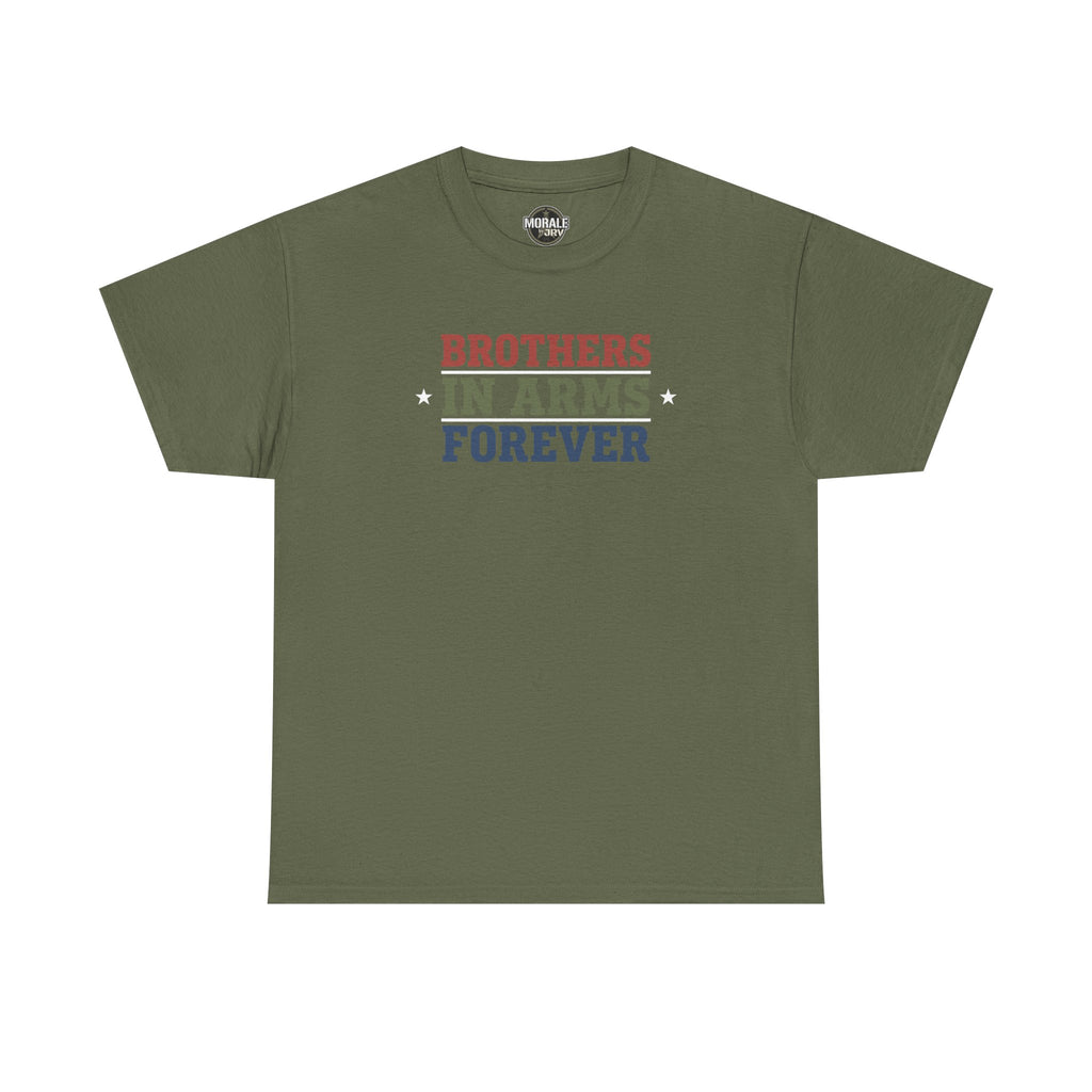 Military green T-shirt with 'Brothers in Arms Forever' retro block text and stars