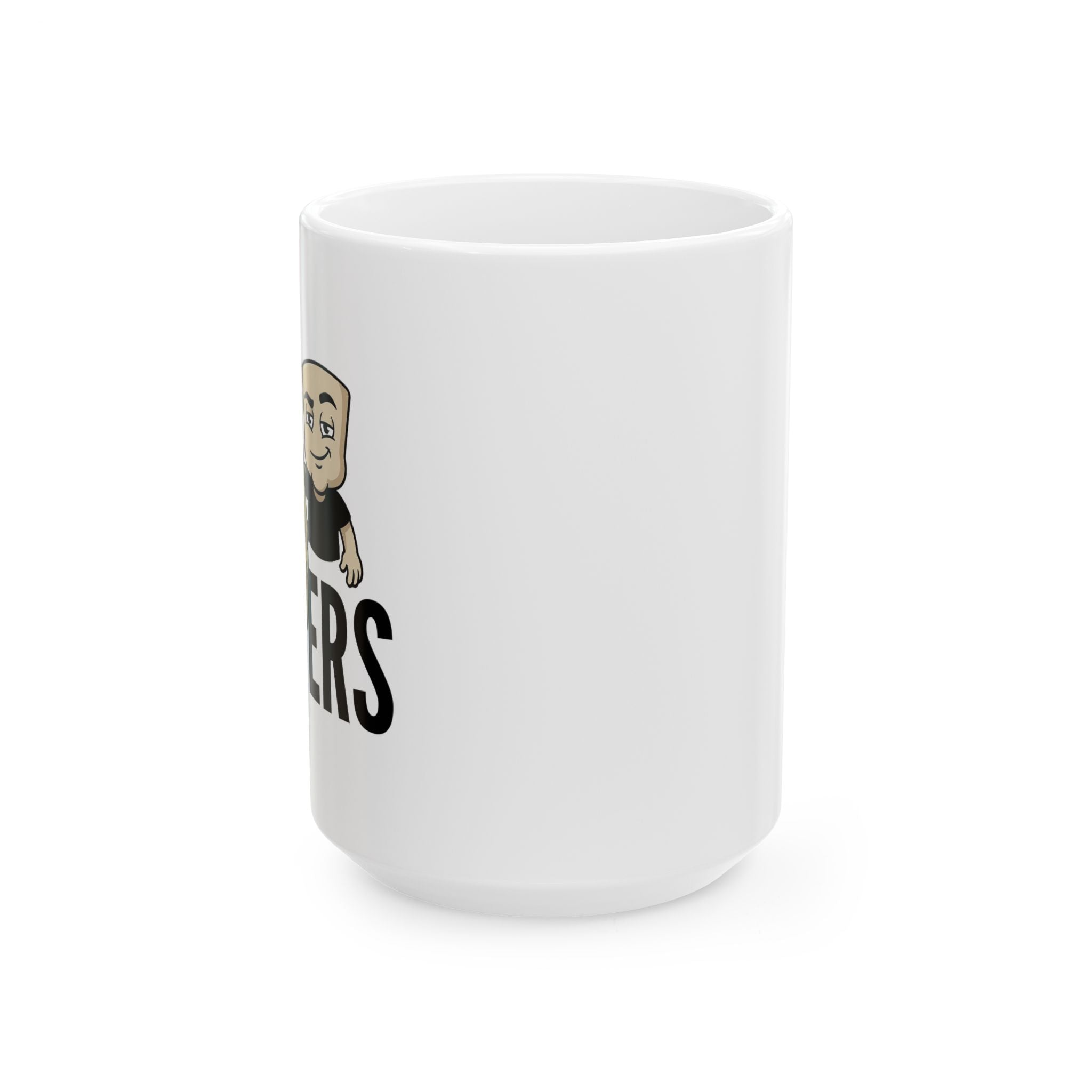 White ceramic mug with partial 'MATTERS' text and cartoon fisherman graphic