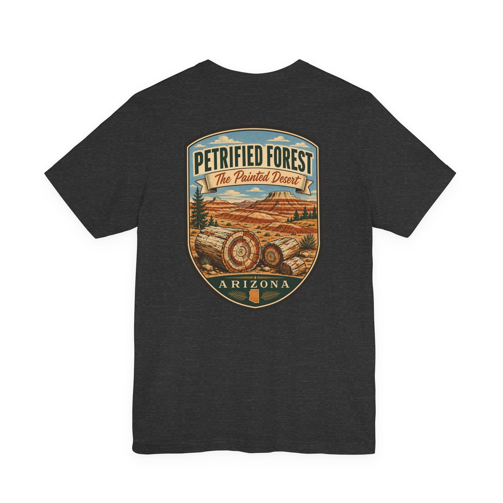 Black crewneck t-shirt with centered Petrified Forest desert landscape shield graphic