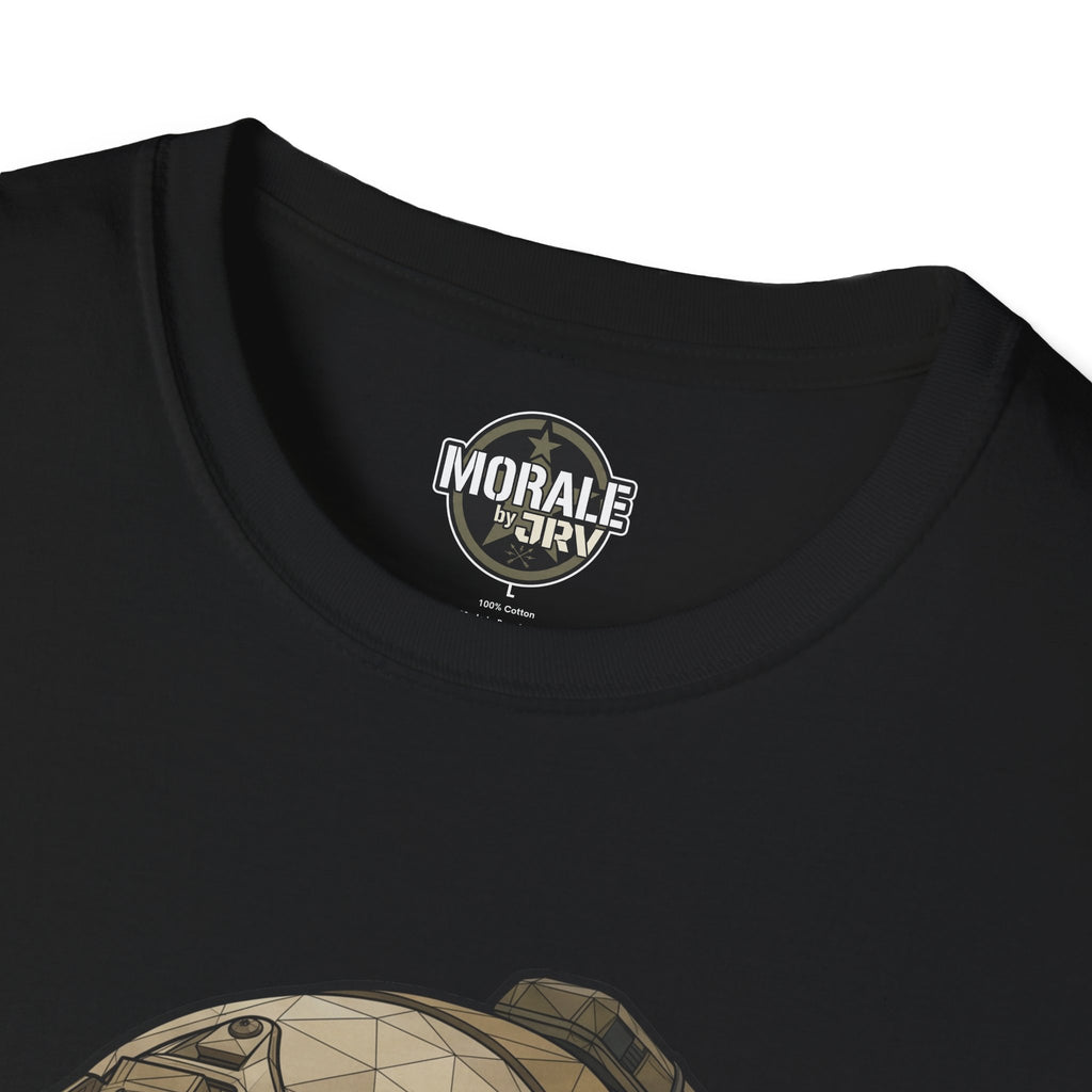 Black tee with small Moral logo at neckline, partial skull-helmet graphic